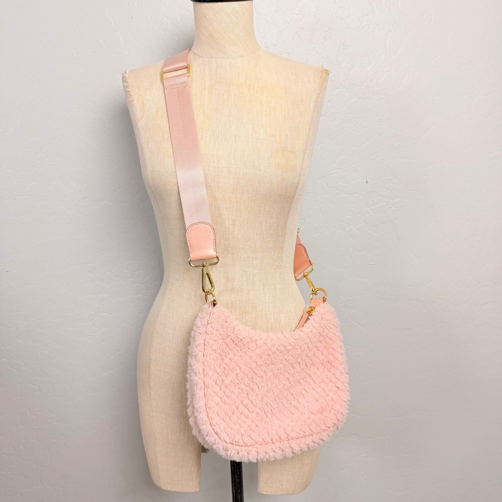 Stoney Clover Lane Pink Faux Fur Crossbody Bag Gold Hardware Adjustable Strap